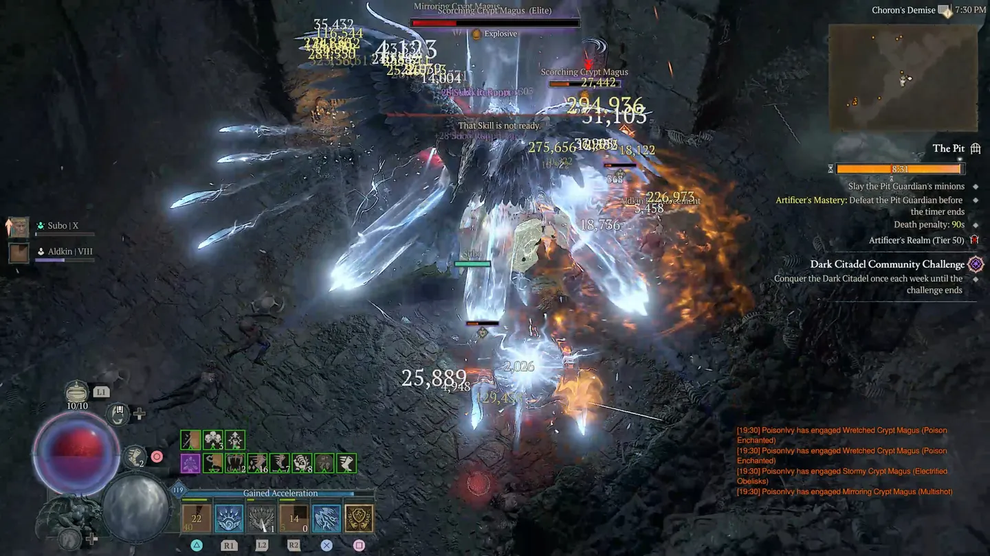 Intensywna walka w Diablo IV. Ekran wypełniony efektami magicznymi i liczbami obrażeń. W centrum widać postać gracza otoczoną wrogami.