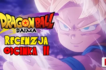 Grafika promocyjna przedstawiająca Super Saiyanina z intensywnym spojrzeniem, ze światłem przebijającym się od lewej strony. Na grafice znajduje się napis "Dragon Ball Daima" oraz "Recenzja Odcinka II" w kolorach czerwonym i żółtym.