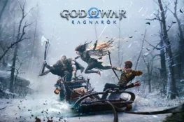 Scena z gry God of War Ragnarok z udziałem Kratosa, jego syna i pewnej kobiety.