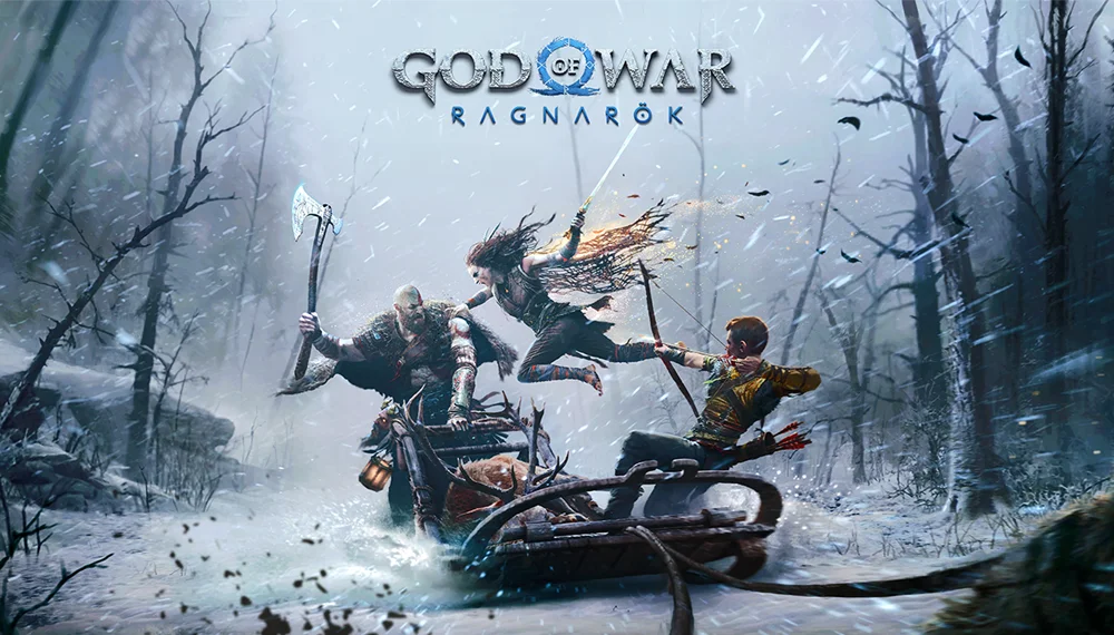 Scena z gry God of War Ragnarok z udziałem Kratosa, jego syna i pewnej kobiety.