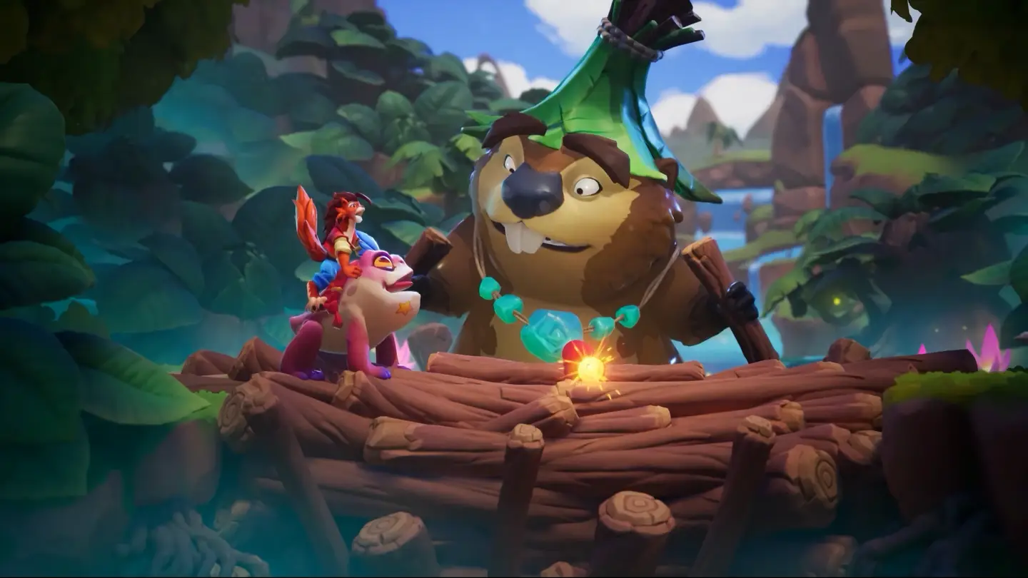 Zrzut ekranu z gry Nikoderiko: The Magical World &mdash; Niko stoi na tamie budowanej przez ogromnego bobra.