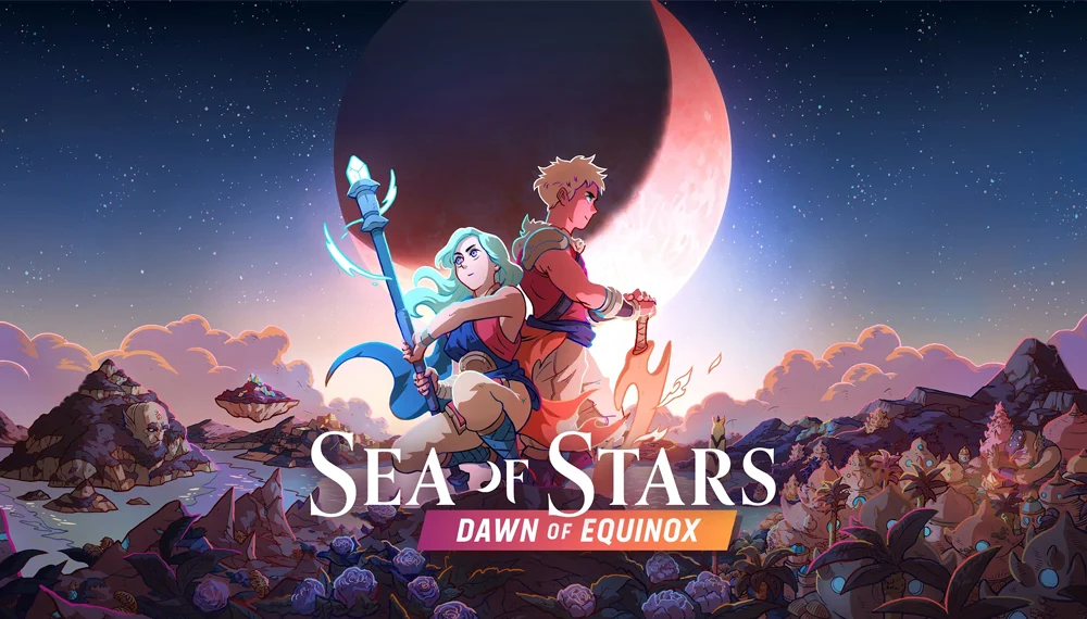 Plakat promocyjny gry "Sea of Stars: Dawn of Equinox". Przedstawia dwóch bohaterów na tle księżyca, gwiazd i fantastycznego krajobrazu. Kolorowa grafika łączy styl klasycznych jRPG z nowoczesnym wyglądem.