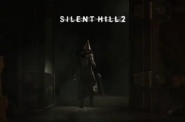 Scena z gry Silent Hill 2 z logiem u góry i Piramidogłowym w tle.