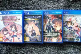 Komplet pudełek z grami z serii Utawarerumono, na konsole PlayStation 4. Od lewej - Prelude to the Fallen, Mask of Deception, Mask of Truth, Monochrome Mobius.