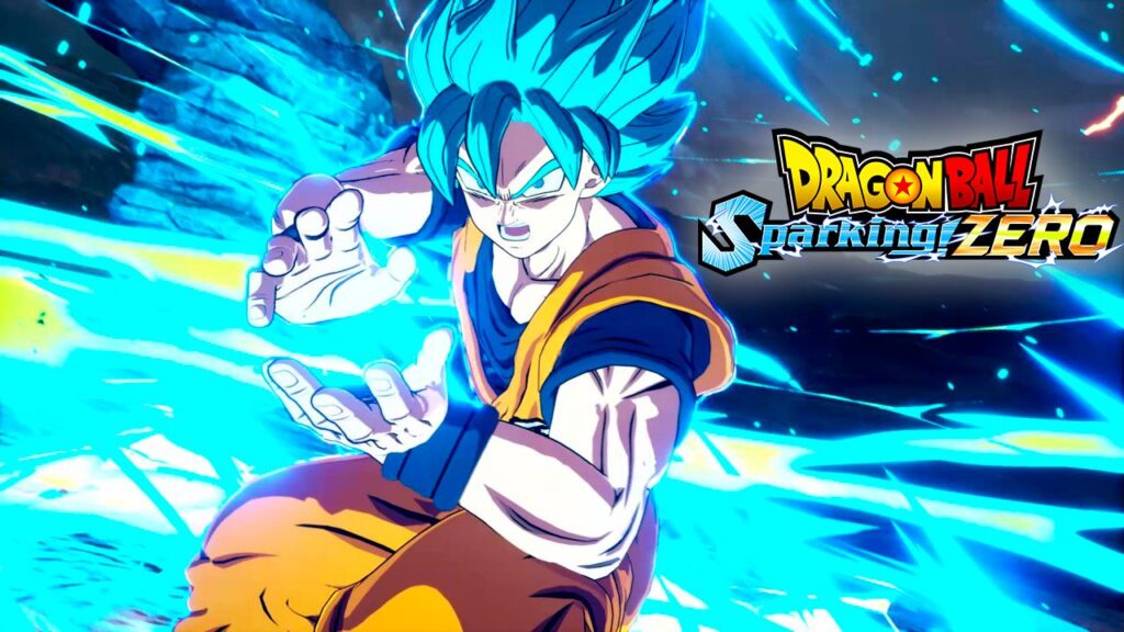 Super Saiyan Blue Goku z gry "Dragon Ball Sparking Zero" w dynamicznej pozycji bojowej, otoczony jaskrawoniebieską energią. Na obrazku widnieje także logo gry "Dragon Ball Sparking Zero".