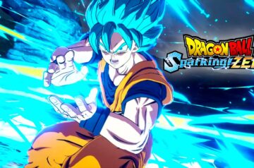 Super Saiyan Blue Goku z gry "Dragon Ball Sparking Zero" w dynamicznej pozycji bojowej, otoczony jaskrawoniebieską energią. Na obrazku widnieje także logo gry "Dragon Ball Sparking Zero".