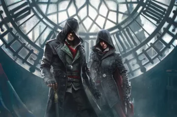 Jacob i Evie Frye, główni bohaterowie Assassin's Creed Syndicate, stoją na tle wielkiego zegara Big Bena. Rodzeństwo asasynów ukazane jest w charakterystycznych kapturach i płaszczach z epoki wiktoriańskiej, a za nimi widoczna jest ozdobna tarcza zegara rozświetlająca mroczne tło