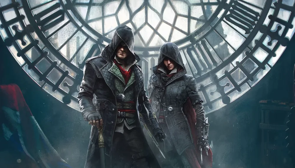 Jacob i Evie Frye, główni bohaterowie Assassin's Creed Syndicate, stoją na tle wielkiego zegara Big Bena. Rodzeństwo asasynów ukazane jest w charakterystycznych kapturach i płaszczach z epoki wiktoriańskiej, a za nimi widoczna jest ozdobna tarcza zegara rozświetlająca mroczne tło