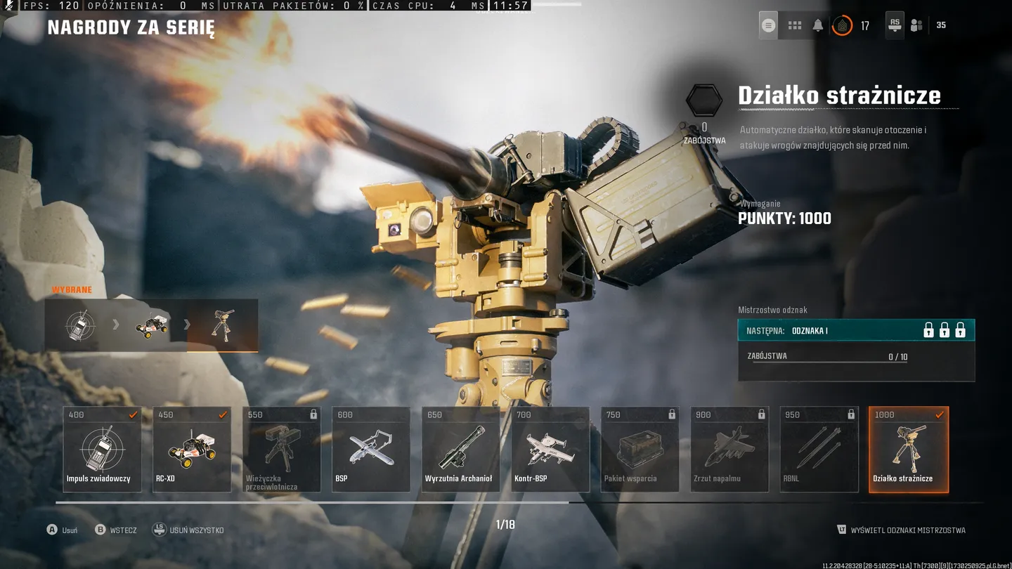 Ten obraz przedstawia futurystyczną wieżyczkę uzbrojenia w ciemnym, trudnym środowisku. Wieżyczka wydaje się być zautomatyzowana i może automatycznie atakować wrog&oacute;w. Interfejs użytkownika wyświetla informacje, takie jak punkty gracza, amunicja i statystyki związane z użyciem i wydajnością broni.