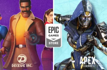 Zestawienie gier dostępnych za darmo w Epic Games Store: z lewej strony trójka agentów z gry Deceive Inc. na fioletowym tle, z prawej strony postać Ash z Apex Legends na jasnoniebieskim tle. Pośrodku logo Epic Games Store.