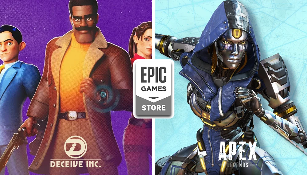 Zestawienie gier dostępnych za darmo w Epic Games Store: z lewej strony trójka agentów z gry Deceive Inc. na fioletowym tle, z prawej strony postać Ash z Apex Legends na jasnoniebieskim tle. Pośrodku logo Epic Games Store.