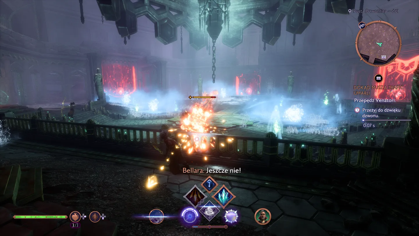 Dragon Age: The Veilguard - mroczna komnata z magicznymi światłami i płomieniami. Postać Bellary w trakcie walki z użyciem zaklęć, widoczny interfejs z umiejętnościami magicznymi.