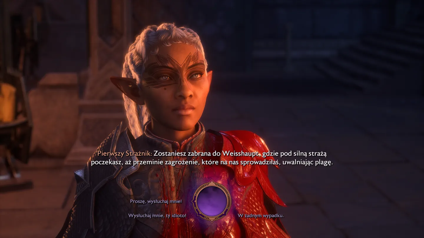 Portret elfickiej postaci z Dragon Age: The Veilguard podczas ważnej rozmowy. Dialog w języku polskim dotyczący Weisshaupt i zagrożenia plagą