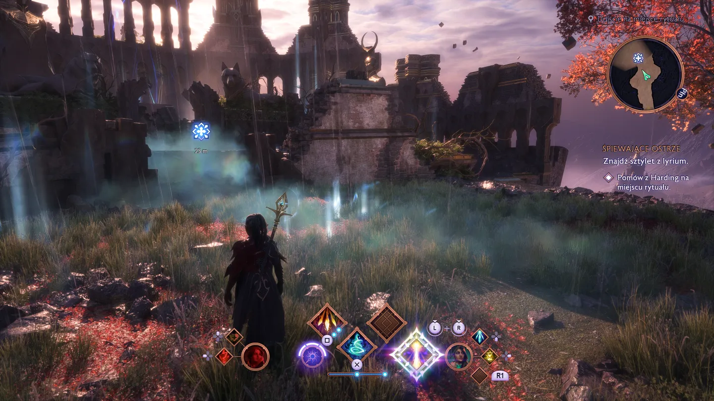 Mroczna sceneria z ruinami zamku o zachodzie słońca. Na pierwszym planie widoczny interfejs walki z magicznymi ikonami umiejętności. Quest 'Śpiewające ostrze' sugeruje poszukiwanie sztyletu z lyrium.