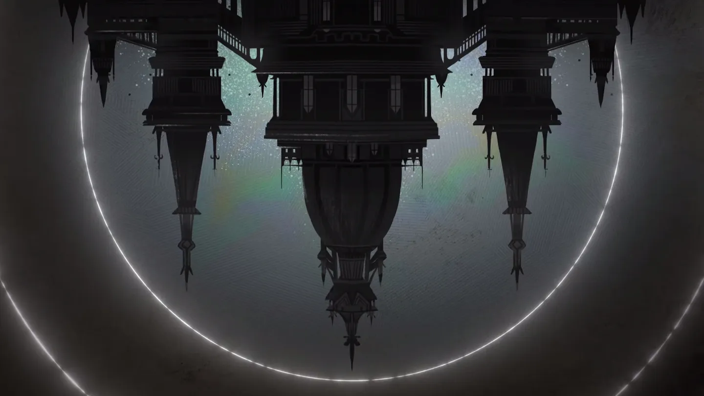 Dragon Age: The Veilguard - artystyczna scena z wiszącymi, gotyckimi konstrukcjami na tle świecącego księżyca. Mroczna, klimatyczna grafika z elementami fantasy.