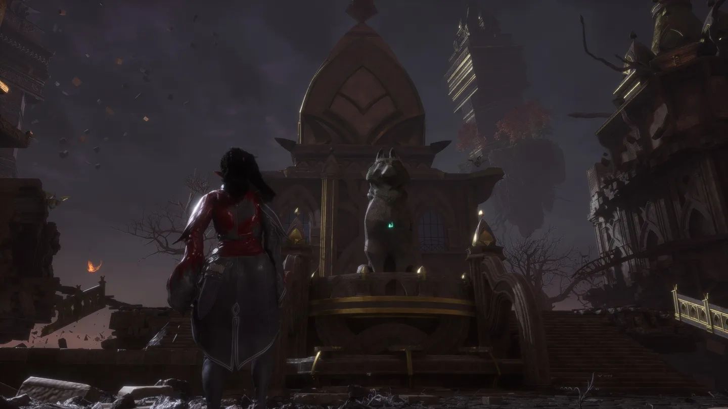 Dragon Age: The Veilguard - mroczna świątynia z posągiem strażnika i łukami gotyckimi w świetle pochodni, główna bohaterka w czerwono-czarnym stroju stoi przed monumentalną budowlą