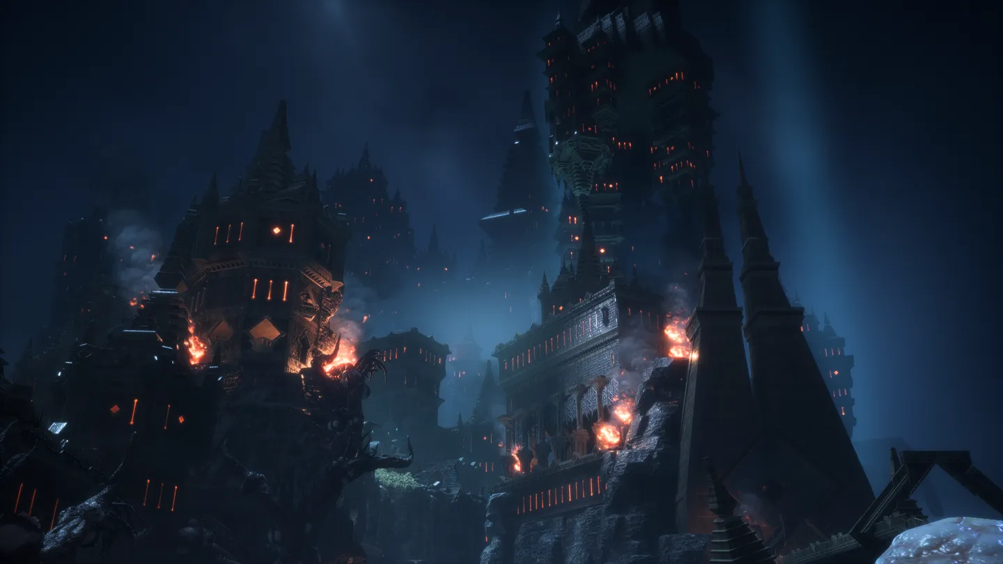 Monumentalna, mroczna forteca w nocy, z licznymi wieżami i szpiczastymi szczytami. Budowle oświetlone są czerwonymi światłami i płomieniami. Całość tworzy złowrogą, gotycką atmosferę w ciemnoniebieskim świetle.