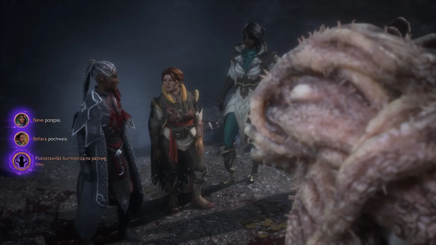 Scena dialogowa z Dragon Age: The Veilguard - trzej bohaterowie w zbrojach podczas nocnej rozmowy. Interfejs pokazuje wybory dialogowe w języku polskim