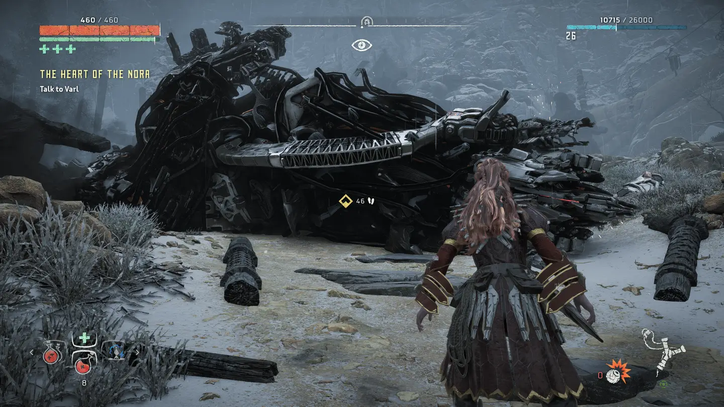 Widok powalonego mechanicznego dinozaura o nazwie Thunderjaw.