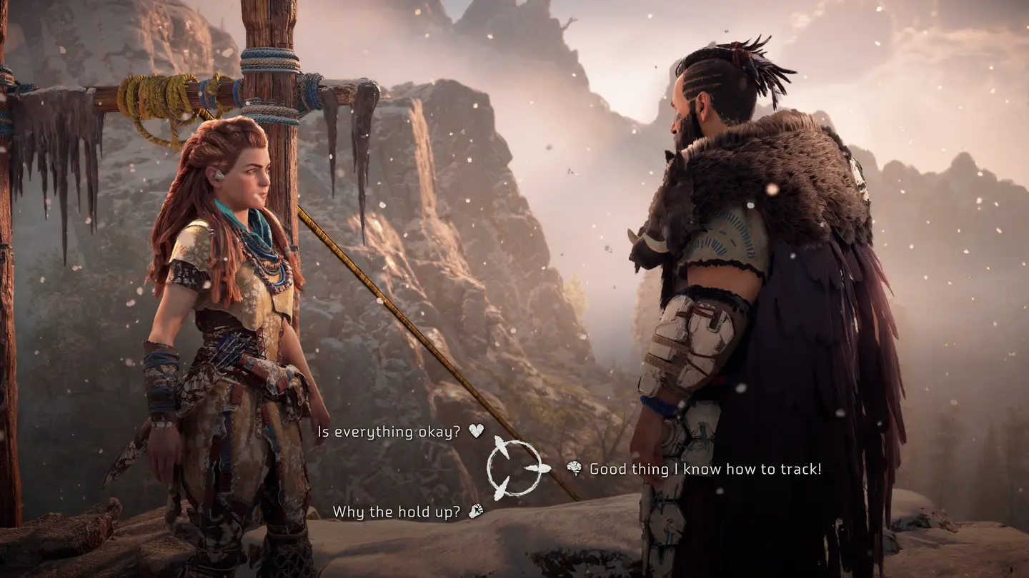 Ekran wyboru dialogu podczas rozmowy w grze Horizon Zero Dawn. Aloy rozmawia z bohaterem niezależnym.