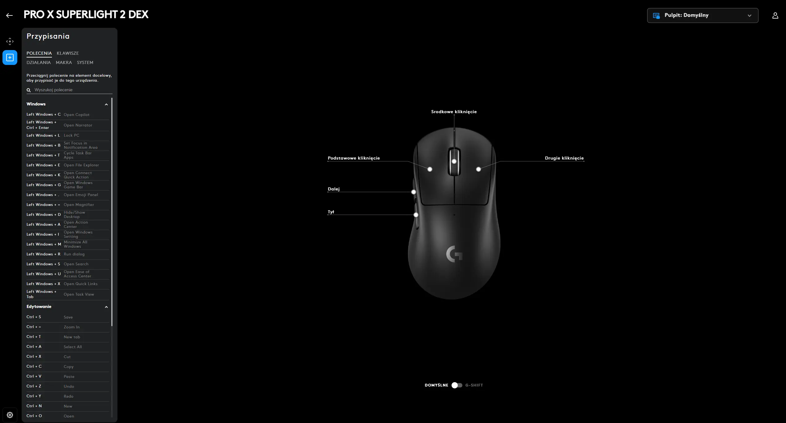 G-HUB: Logitech G PRO X Superlight 2 DEX &ndash; Przypisania przycisk&oacute;w