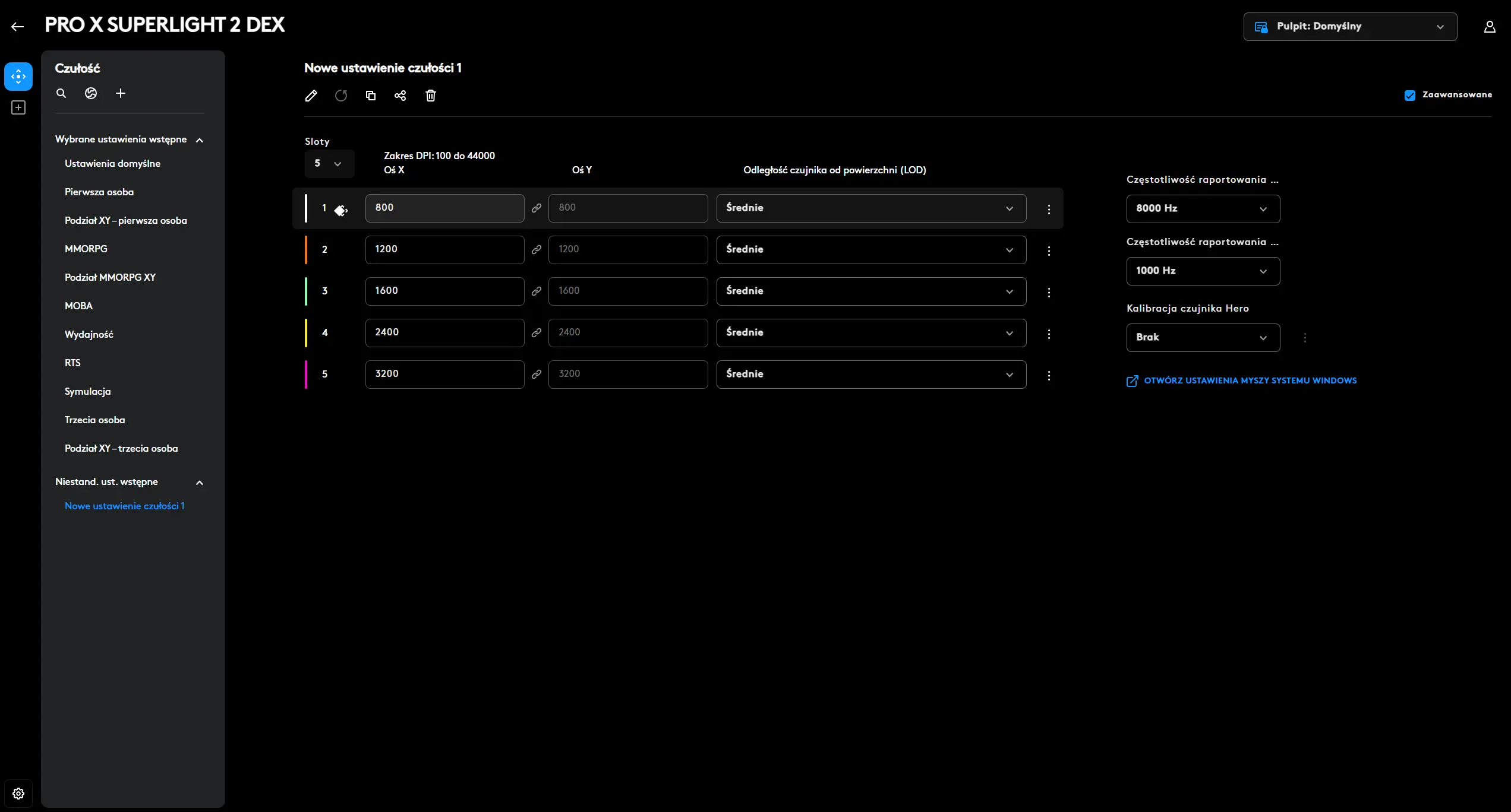 G-HUB: Logitech G PRO X Superlight 2 DEX &ndash; DPI, Częstotliwość, Czujnik