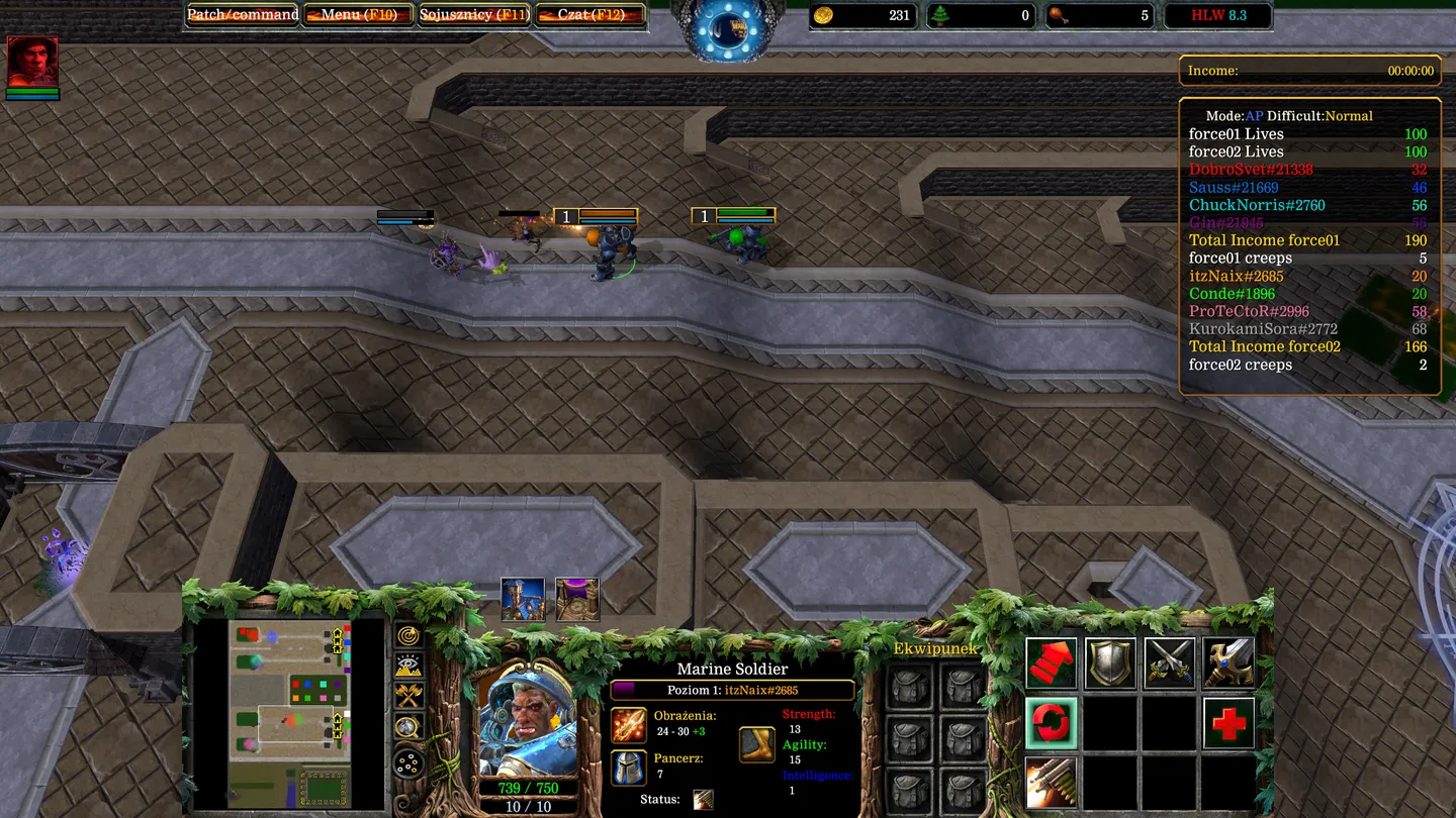 Interfejs gry WarCraft III: Reforged, pokazujący informacje o postaci Marine Soldier, w tym statystyki oraz ekwipunek.