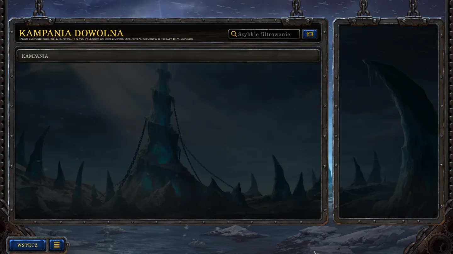 Ekran kampanii dowolnej w grze WarCraft III: Reforged, przedstawiający ciemny, tajemniczy krajobraz z wieżami i górami.