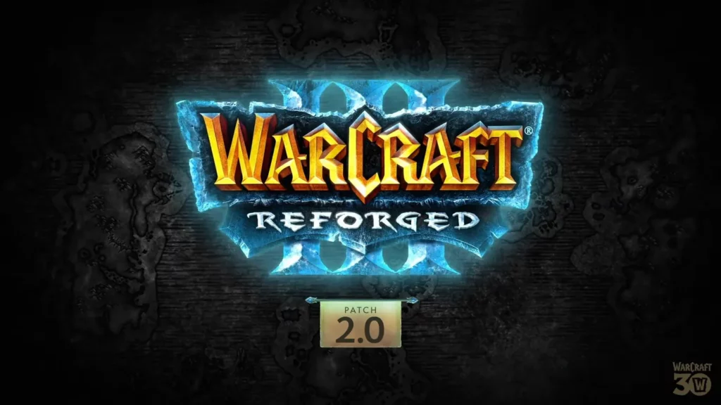 Obraz przedstawia logo gry "WarCraft III: Reforged", stworzóne z wyrazistych, metalicznych kształtów i z efektownym, lodowatym niebieskim tłem. Logo wskazuje na odświeżoną i ulepszoną wersję klasycznej strategii czasu rzeczywistego.