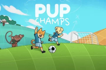 Logo gry Pup Champs. Pieski biegnące z piłką po murawie boiska.