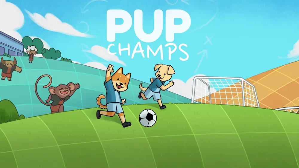 Logo gry Pup Champs. Pieski biegnące z piłką po murawie boiska.