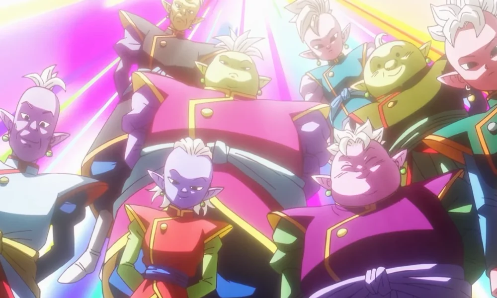 Grupa humanoidalnych postaci o charakterystycznych elfich uszach i różnokolorowych twarzach, ubranych w różnorodne stroje w intensywnych barwach (różowe, niebieskie, zielone i czerwone), z wyrazami pewności siebie i skupienia, stojących na tle promienistej, świetlistej aury.