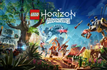Logo Lego Horizon Adventure, a na nim Aloy główna bohaterka wokół niej drzewa i mechaniczne dinozaury