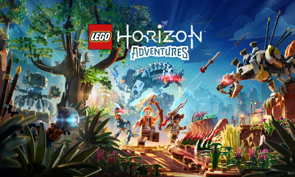 Logo Lego Horizon Adventure, a na nim Aloy główna bohaterka wokół niej drzewa i mechaniczne dinozaury