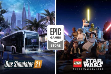 Epic Games Store udostępnia za darmo dwie gry: Bus Simulator 21 z widocznym autobusem Mercedes na tle futurystycznej metropolii oraz LEGO Star Wars: The Skywalker Saga przedstawiające kluczowe postacie z sagi w stylu LEGO