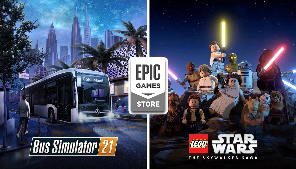 Epic Games Store udostępnia za darmo dwie gry: Bus Simulator 21 z widocznym autobusem Mercedes na tle futurystycznej metropolii oraz LEGO Star Wars: The Skywalker Saga przedstawiające kluczowe postacie z sagi w stylu LEGO