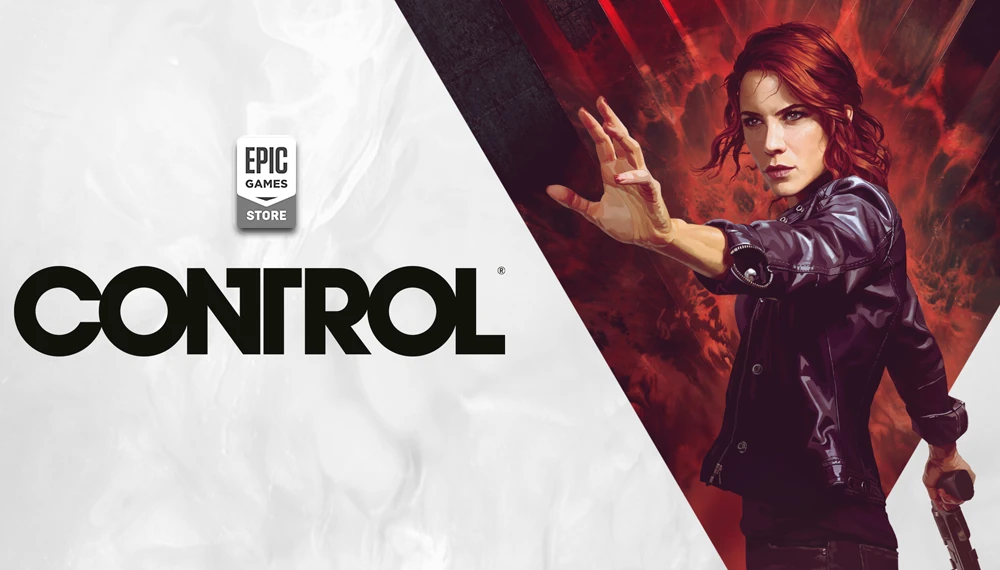 Epic Games Store udostępnia za darmo grę Control - grafika promocyjna przedstawia główną bohaterkę Jesse Faden w czarnej kurtce, używającą paranormalnych mocy na czerwono-białym tle, obok charakterystycznego logo gry