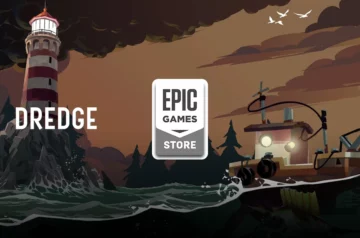 Epic Games Store udostępnia za darmo grę DREDGE - grafika promocyjna przedstawia mroczną, stylizowaną scenę z latarnią morską na klifie i kutrem rybackim na wzburzonym morzu na tle zachmurzonego, pomarańczowego nieba
