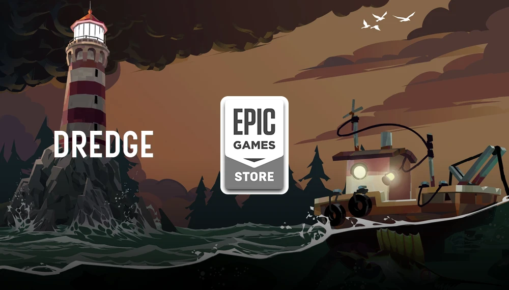 Epic Games Store udostępnia za darmo grę DREDGE - grafika promocyjna przedstawia mroczną, stylizowaną scenę z latarnią morską na klifie i kutrem rybackim na wzburzonym morzu na tle zachmurzonego, pomarańczowego nieba