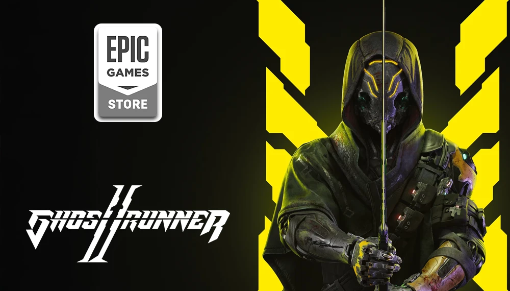 Epic Games Store oferuje za darmo Ghostrunner 2 - grafika promocyjna przedstawia zamaskowanego cyberninja z mieczem na czarnym tle z charakterystycznymi żółtymi elementami geometrycznymi