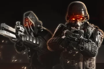 Żołnierze Helghast z serii Killzone w charakterystycznych czarnych pancerzach i świecących na czerwono goglach, trzymający broń w pozycji bojowej. Grafika promocyjna crossoveru z Helldivers 2.