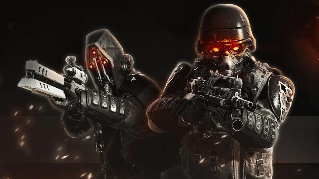 Żołnierze Helghast z serii Killzone w charakterystycznych czarnych pancerzach i świecących na czerwono goglach, trzymający broń w pozycji bojowej. Grafika promocyjna crossoveru z Helldivers 2.