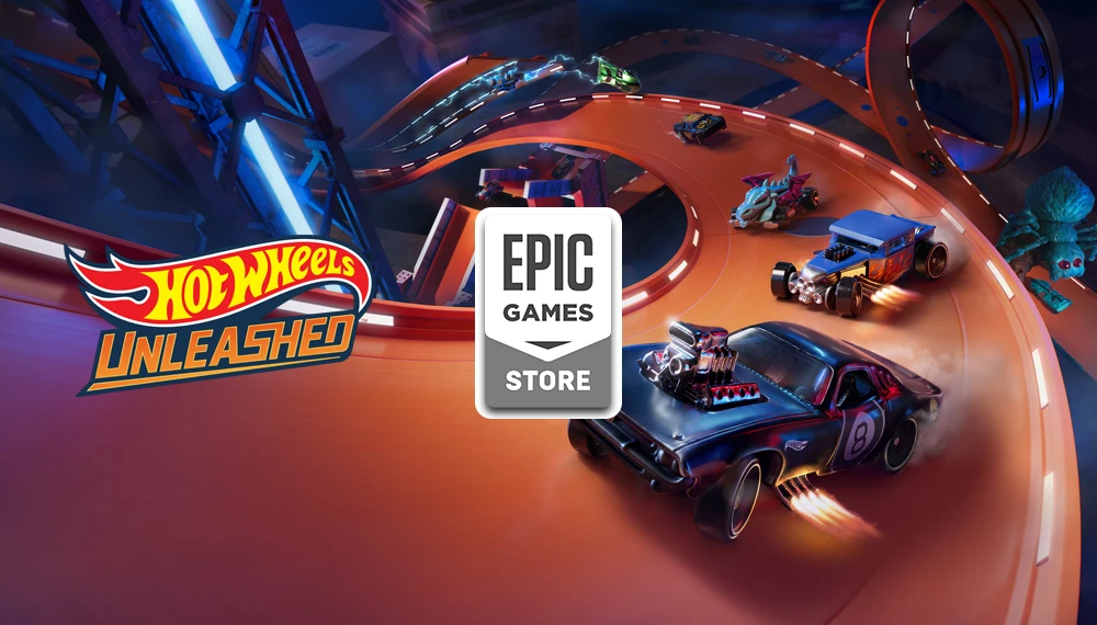 Epic Games Store udostępnia za darmo Hot Wheels Unleashed - grafika promocyjna przedstawia wyścigowy tor z charakterystycznymi pomarańczowymi elementami Hot Wheels i samochodami wykonującymi akrobacje na zakrętach i pętlach