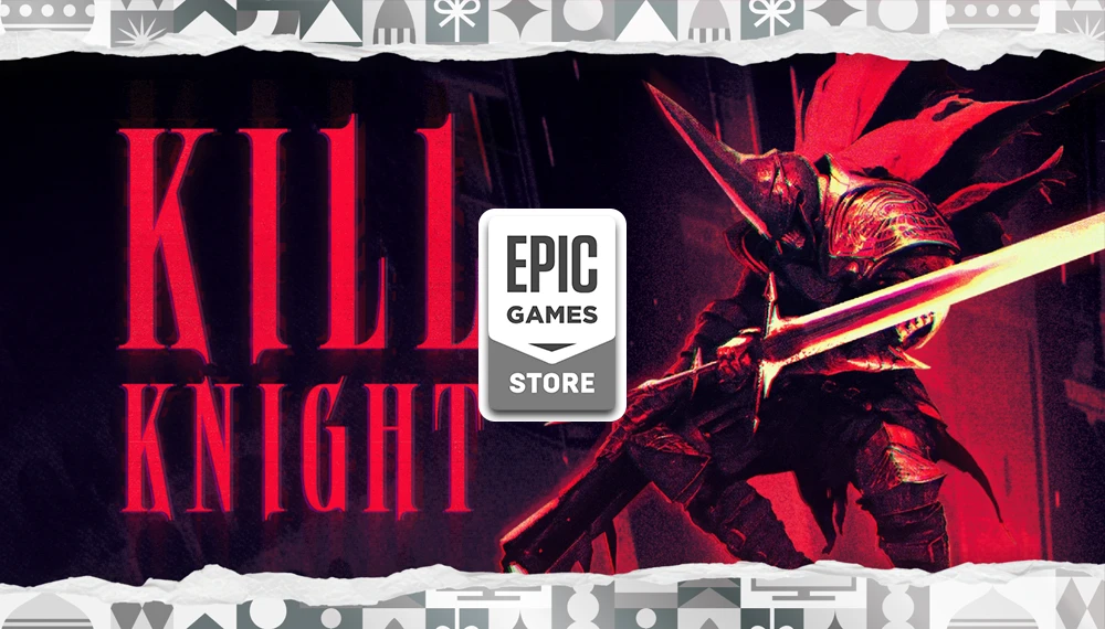 Epic Games Store udostępnia za darmo grę KILL KNIGHT - grafika promocyjna przedstawia mrocznego rycerza z mieczem w czerwonej, stylizowanej oprawie artystycznej z ozdobnymi ornamentami na krawędziach