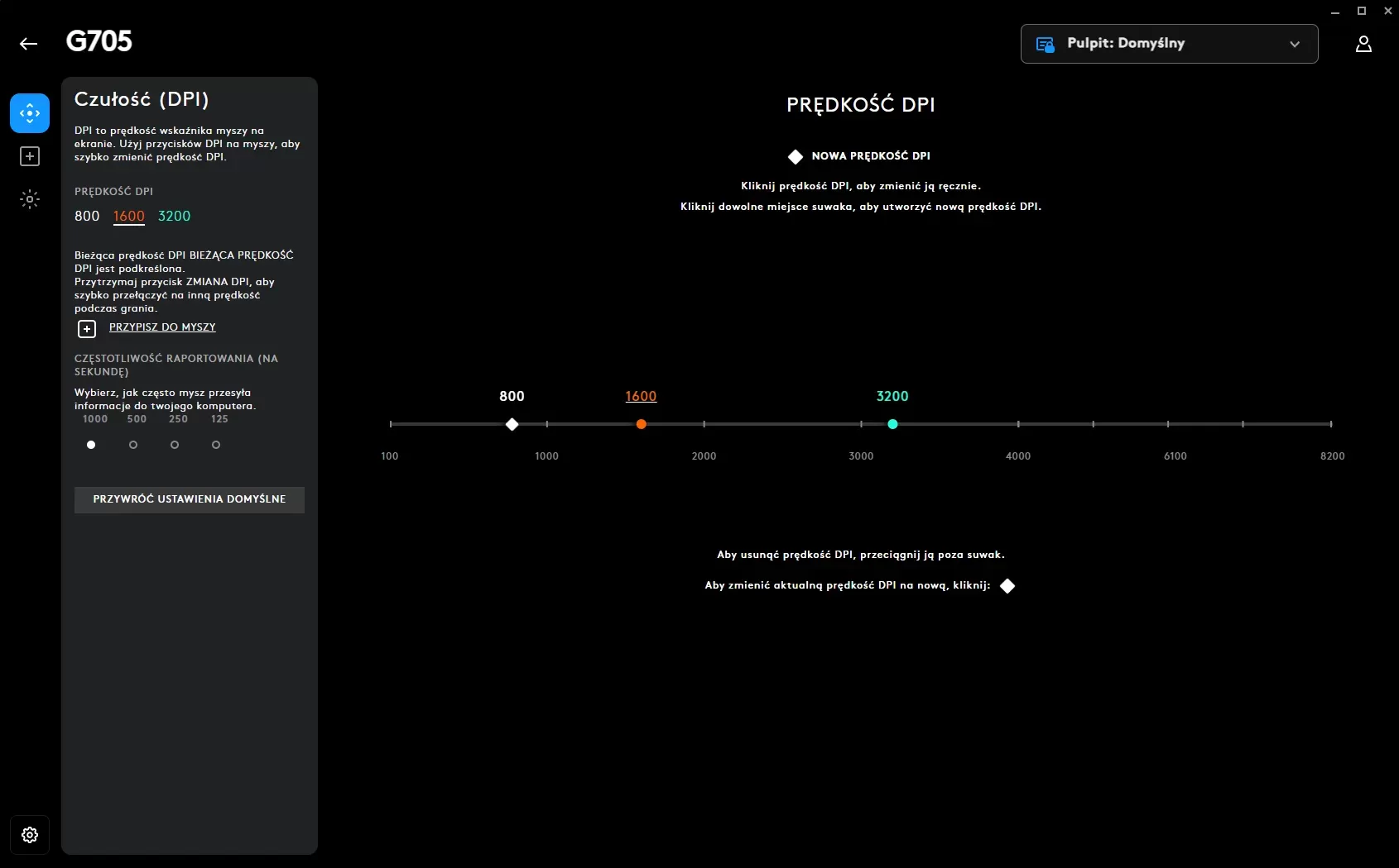 G705: zakładka z DPI w aplikacji G-HUB