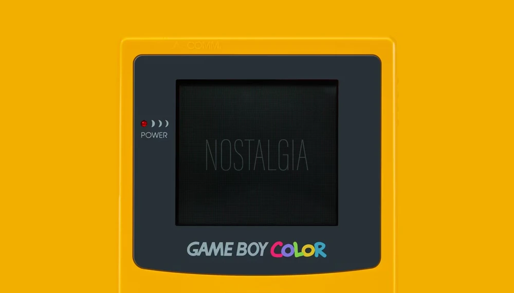 Retro grafika pod felieton "Nostalgia to potężna broń" z GB Color w tle.