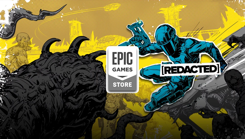 Epic Games Store oferuje za darmo [REDACTED] - grafika promocyjna w komiksowym stylu przedstawia strażnika w niebieskim kombinezonie walczącego z czarnym, potwornym stworzeniem na żółtym tle