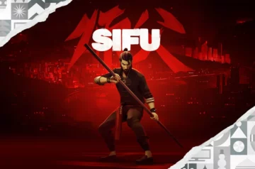Epic Games Store udostępnia za darmo grę Sifu - grafika promocyjna przedstawia postać wojownika z kijem bojowym na czerwonym tle nocnego miasta, z charakterystycznymi białymi ornamentami w górnym i dolnym rogu