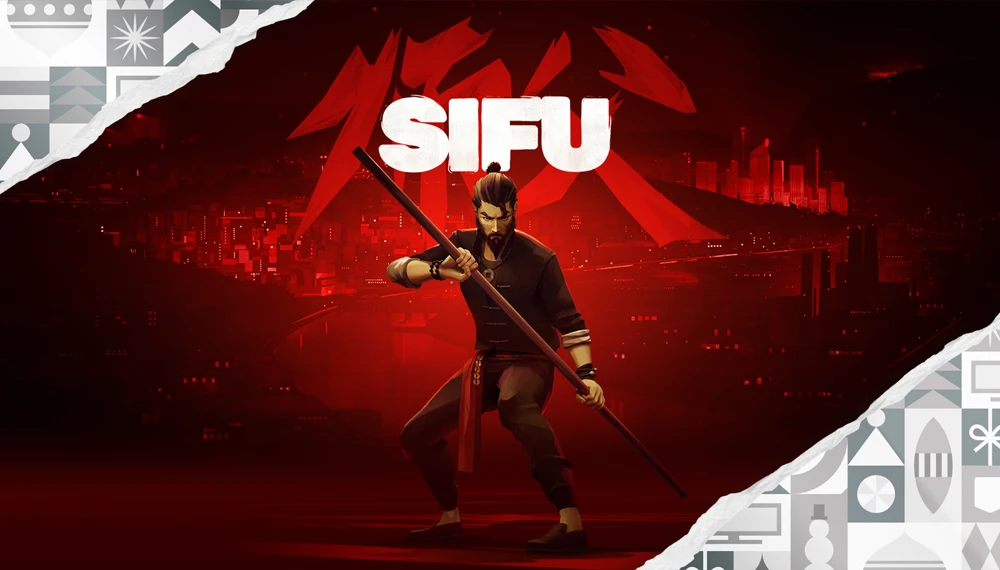 Epic Games Store udostępnia za darmo grę Sifu - grafika promocyjna przedstawia postać wojownika z kijem bojowym na czerwonym tle nocnego miasta, z charakterystycznymi białymi ornamentami w górnym i dolnym rogu
