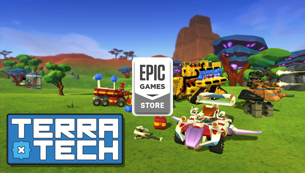 Epic Games Store rozdaje TerraTech za darmo - zrzut ekranu z gry przedstawiający kolorowy świat gry z różnymi pojazdami zbudowanymi z modułów na tle zielonego krajobrazu z czerwonymi formacjami skalnymi i drzewami